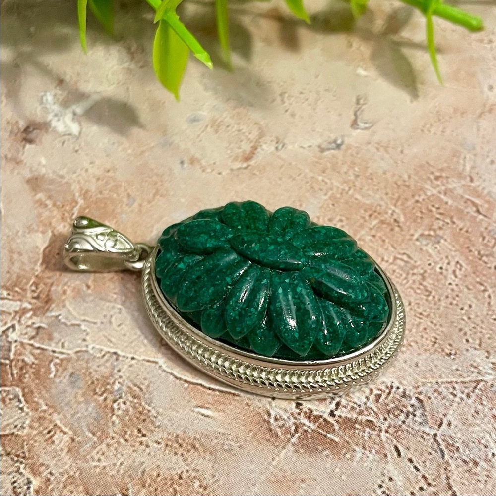 Carved Malachite Silver Pendant - Picture 2 of 4